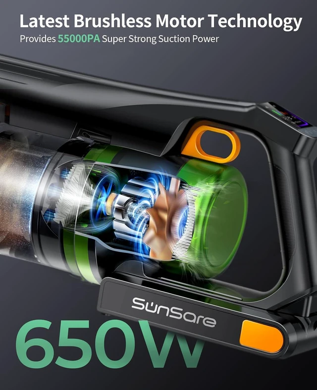 Alt view image 3 of 7 - SunSare Cordless Vacuum Cleaner, 55KPa 650W 70Mins Stick Vacuum, Green Headlights, Aromatherapy, V-Anti-Tangle Rollor, 1.8L Dust Cup, Vacuum Cleaner for Pet Hair Carpets Floors, Green