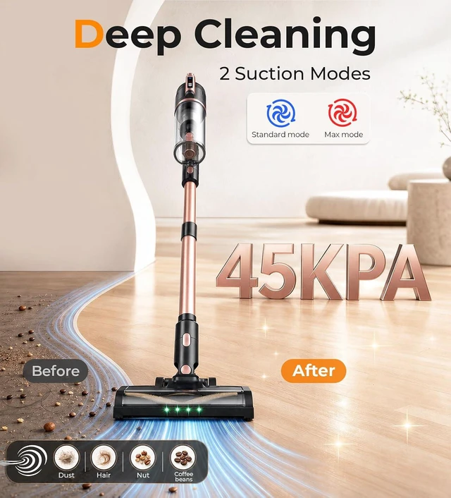 Alt view image 2 of 7 - DEVOAC V15 Cordless Vacuum Cleaner, 45Kpa Suction & Brushless Motor Stick Vacuum, Rechargeable Battery with 45mins Runtime, LED Display, 6 in 1 Handheld Vacuum for Home Hard Floor Carpet Pet Hair