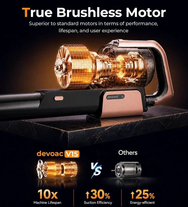 Alt view image 3 of 7 - DEVOAC V15 Cordless Vacuum Cleaner, 45Kpa Suction & Brushless Motor Stick Vacuum, Rechargeable Battery with 45mins Runtime, LED Display, 6 in 1 Handheld Vacuum for Home Hard Floor Carpet Pet Hair