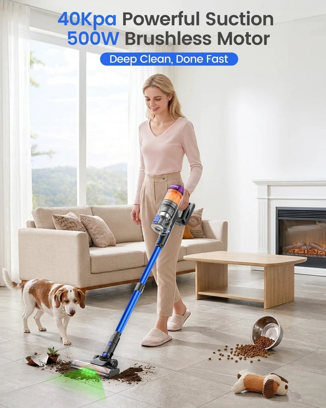 Alt view image 2 of 7 - Cordless Vacuum Cleaner, 500W 40KPa 60Mins Vacuum Cleaners for Home, Anti-Tangle Rechargeable Vacuum with Green Light Wireless Vacumm for Pet Hair/Carpet/Hardwood Floor Blue