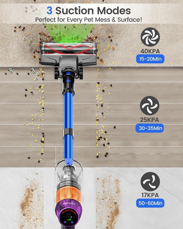 Alt view image 3 of 7 - Cordless Vacuum Cleaner, 500W 40KPa 60Mins Vacuum Cleaners for Home, Anti-Tangle Rechargeable Vacuum with Green Light Wireless Vacumm for Pet Hair/Carpet/Hardwood Floor Blue