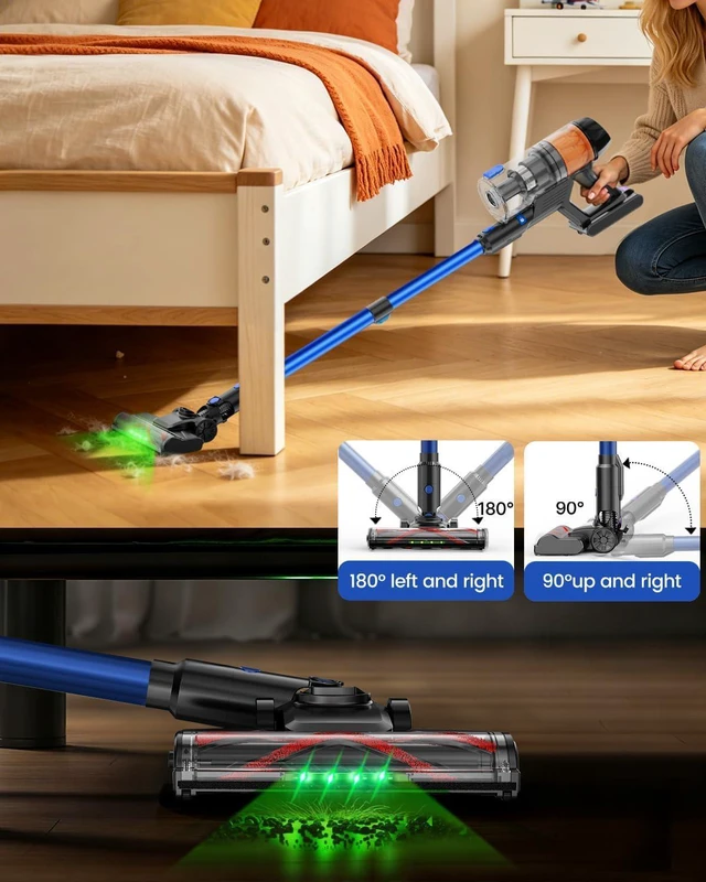 Alt view image 6 of 7 - Cordless Vacuum Cleaner, 500W 40KPa 60Mins Vacuum Cleaners for Home, Anti-Tangle Rechargeable Vacuum with Green Light Wireless Vacumm for Pet Hair/Carpet/Hardwood Floor Blue