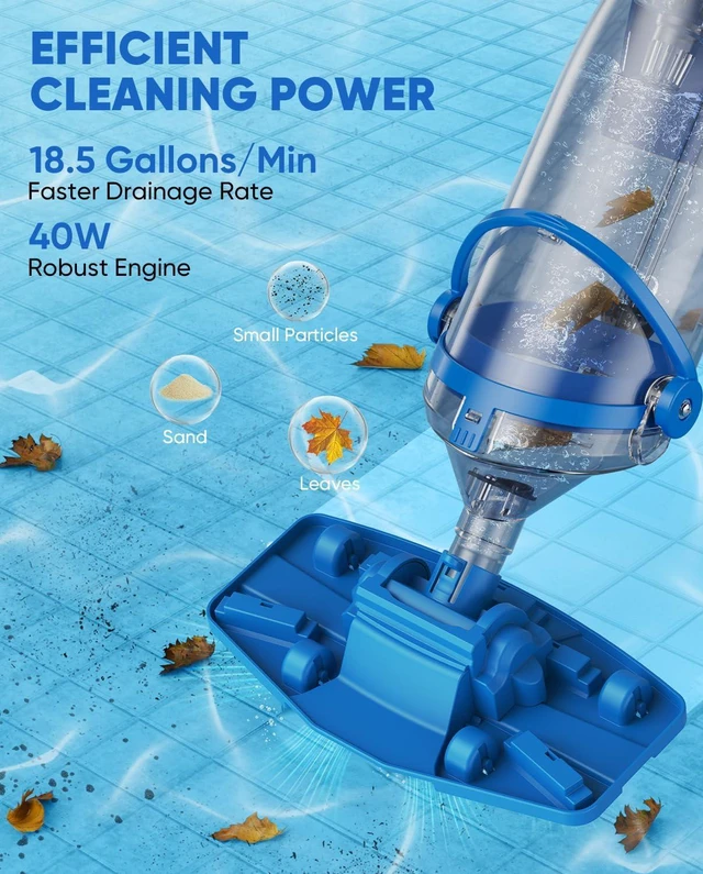 Alt view image 3 of 7 - Cordless Pool Vacuum with Telescopic Pole, 18.5 GPM Powerful Suction, 1.5H Supercharge Technology, Handheld Pool Vacuum Cleaner for Above Ground/Inground Pools, Hot Tubs, Blue