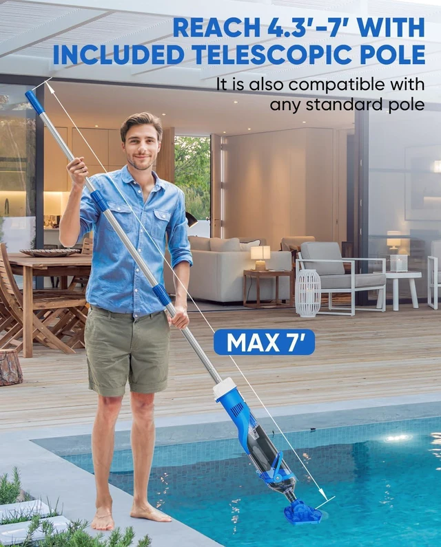 Alt view image 5 of 7 - Cordless Pool Vacuum with Telescopic Pole, 18.5 GPM Powerful Suction, 1.5H Supercharge Technology, Handheld Pool Vacuum Cleaner for Above Ground/Inground Pools, Hot Tubs, Blue