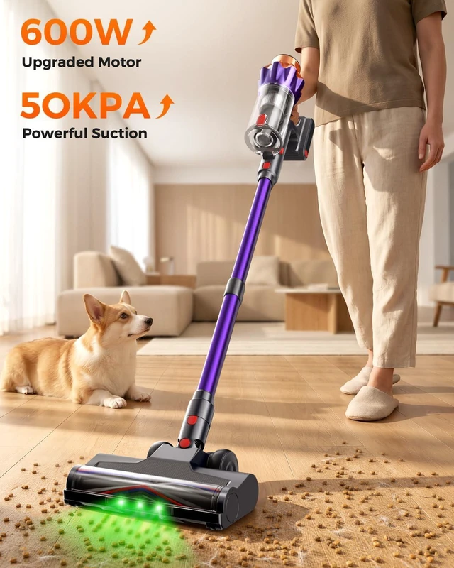 Alt view image 2 of 7 - Cordless Vacuum Cleaner for Home, 600W/50KPa Powerful Suction, 60Mins Self-Standing Stick Vacuum with Anti-Tangle Brush & LED Display, Lightweight Handheld Vacuum for Pet Hair, Carpets & Hard Floors