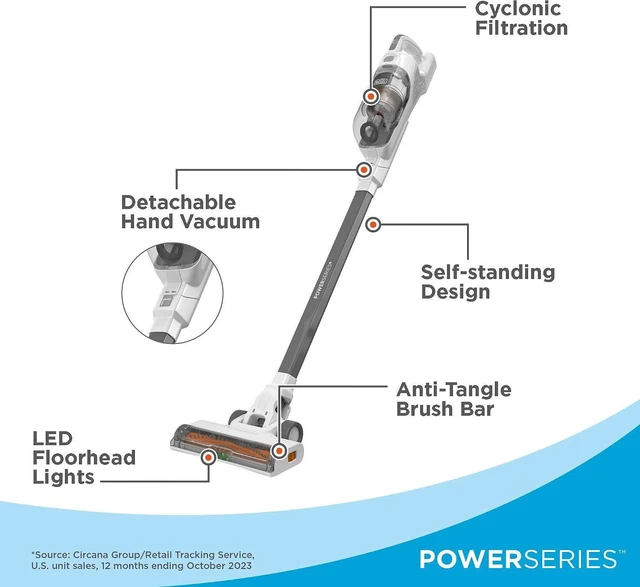 Alt view image 3 of 7 - BLACK+DECKER POWERSERIES+ 20V MAX Cordless Stick Vacuum Cleaner with LED Floor Lights, Bagless, Lightweight, Cordless Vacuum Cleaners for Home, Up to 44 Minutes, Powerful Suction, Gray (BHFEA520J)