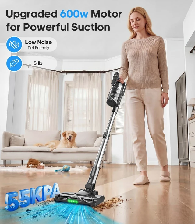 Alt view image 2 of 7 - Cordless Vacuum Cleaner, Upgraded 600W 55KPA 55mins Vacuum Cleaners for Home,Powerful Stick Vacuum with Anti-Tangle & Wall Mount Charging, Lightweight Vacuum for Pet Hair Hardwood Floor Carpet