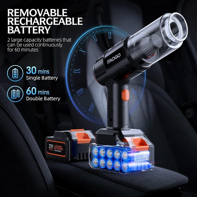 Alt view image 3 of 7 - Car Vacuum Portable Cordless, 50000Pa High Power Brushless Motor, Rechargeable Handheld Vacuum with 2 Batteries & Charger, 6-in-1 Vacuum Cleaners for Home, Pet Hair & Keyboard, Ink Black