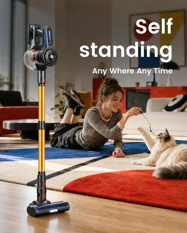 Alt view image 5 of 7 - NADALY Cordless Vacuum Cleaner, 580W 50KPa Self-Standing Stick Vacuum with 65-Min Runtime, Anti-Tangle Brush, 1.8L Large Dust Cup, Lightweight Vacuum Cleaners for Home Hardwood Floor Carpet Pet Hair