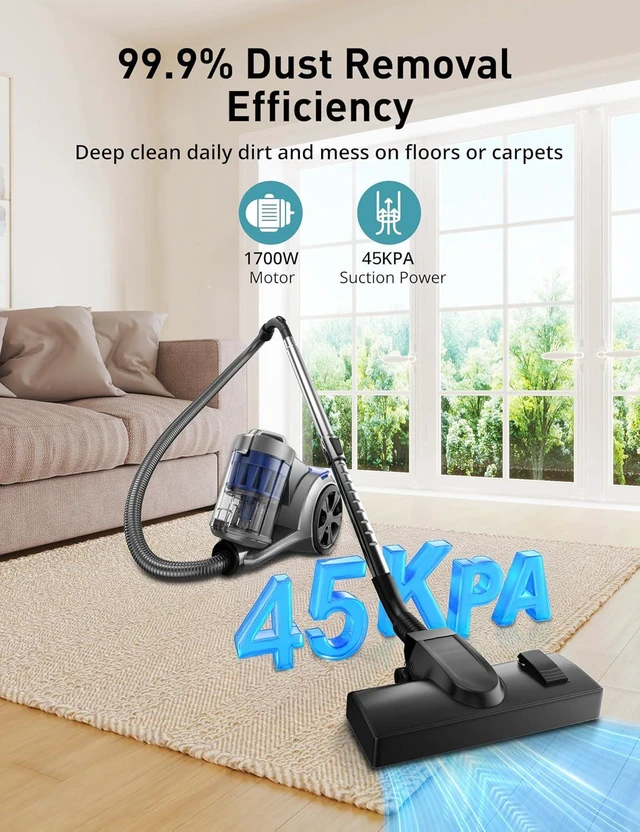 Alt view image 2 of 7 - Aspiron 1700W Canister Vacuum Cleaner, 45Kpa Bagless Vacuum Cleaner