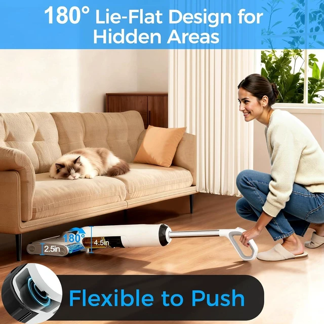 Alt view image 5 of 7 - Wet Dry Vacuum Cleaner Cordless, 23KPa Vacuum Mop for Hard Floors, Up to 45 Min Runtime, 180° Lay-Flat Design with Hot Water Self-Cleaning & 185°F Hot Air Drying, Anti-Tangle Brush for Pet Hair