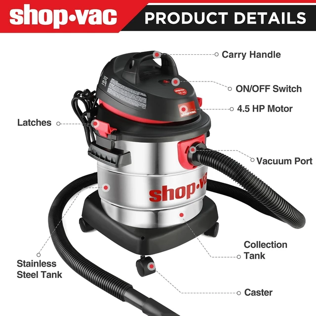 Alt view image 5 of 7 - Shop-Vac 5989300 5 Gallon 4.5 Peak HP Stainless Wet/Dry Vac, Blower