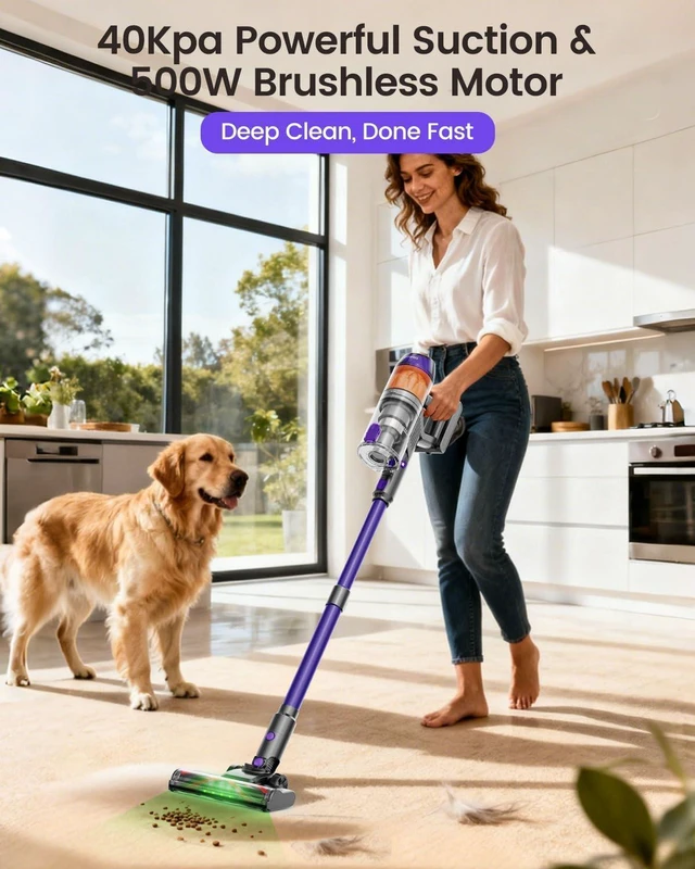 Alt view image 2 of 7 - Cordless Vacuum Cleaner, 500W 40KPa 60Mins Vacuum Cleaners for Home, Anti-Tangle Rechargeable Vacuum with Green Light Wireless Vacumm for Pet Hair/Carpet/Hardwood Floor Purple