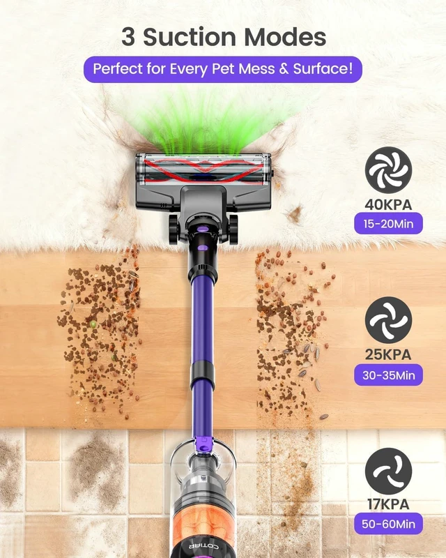 Alt view image 3 of 7 - Cordless Vacuum Cleaner, 500W 40KPa 60Mins Vacuum Cleaners for Home, Anti-Tangle Rechargeable Vacuum with Green Light Wireless Vacumm for Pet Hair/Carpet/Hardwood Floor Purple