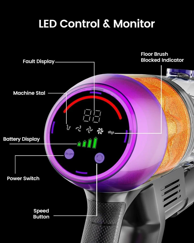 Alt view image 4 of 7 - Cordless Vacuum Cleaner, 500W 40KPa 60Mins Vacuum Cleaners for Home, Anti-Tangle Rechargeable Vacuum with Green Light Wireless Vacumm for Pet Hair/Carpet/Hardwood Floor Purple