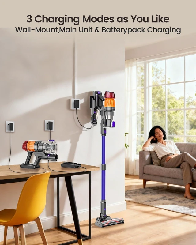 Alt view image 5 of 7 - Cordless Vacuum Cleaner, 500W 40KPa 60Mins Vacuum Cleaners for Home, Anti-Tangle Rechargeable Vacuum with Green Light Wireless Vacumm for Pet Hair/Carpet/Hardwood Floor Purple
