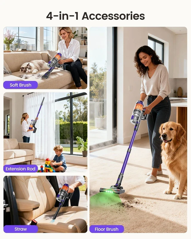 Alt view image 6 of 7 - Cordless Vacuum Cleaner, 500W 40KPa 60Mins Vacuum Cleaners for Home, Anti-Tangle Rechargeable Vacuum with Green Light Wireless Vacumm for Pet Hair/Carpet/Hardwood Floor Purple
