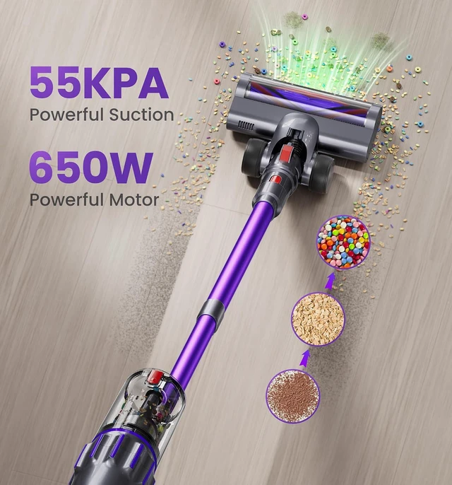 Alt view image 2 of 7 - 90Mins Cordless Vacuum Cleaner,Upgraded 650W 55KPA Cordless Stick Vacuum with Smart Display,1.8L Cup,V-Shaped Anti-Tangle Brush,Wall Mount Charging,Self-Standing Vacuum Cleaners for Home,Floor,Carpet