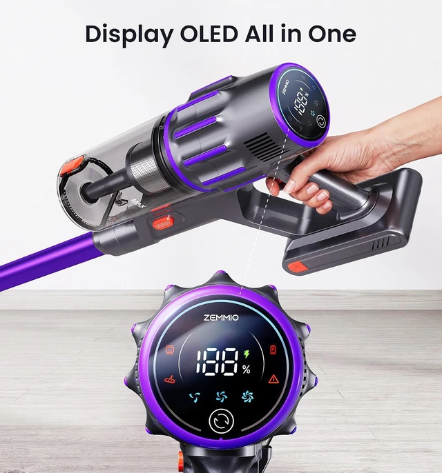 Alt view image 4 of 7 - 90Mins Cordless Vacuum Cleaner,Upgraded 650W 55KPA Cordless Stick Vacuum with Smart Display,1.8L Cup,V-Shaped Anti-Tangle Brush,Wall Mount Charging,Self-Standing Vacuum Cleaners for Home,Floor,Carpet