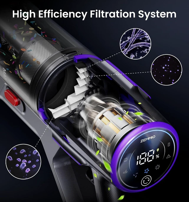 Alt view image 5 of 7 - 90Mins Cordless Vacuum Cleaner,Upgraded 650W 55KPA Cordless Stick Vacuum with Smart Display,1.8L Cup,V-Shaped Anti-Tangle Brush,Wall Mount Charging,Self-Standing Vacuum Cleaners for Home,Floor,Carpet
