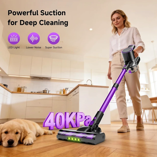 Alt view image 2 of 7 - Cordless Vacuum Cleaner, 500W/40Kpa Vacuum Cleaners for Home, Stick Vacuum Cordless with LED Display, Anti-Tangle & Wall Mount, 8 in 1 Lightweight Vacuum for Hard Floors Pet Hair(Purple)