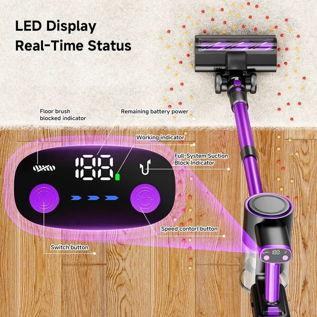 Alt view image 3 of 7 - Cordless Vacuum Cleaner, 500W/40Kpa Vacuum Cleaners for Home, Stick Vacuum Cordless with LED Display, Anti-Tangle & Wall Mount, 8 in 1 Lightweight Vacuum for Hard Floors Pet Hair(Purple)