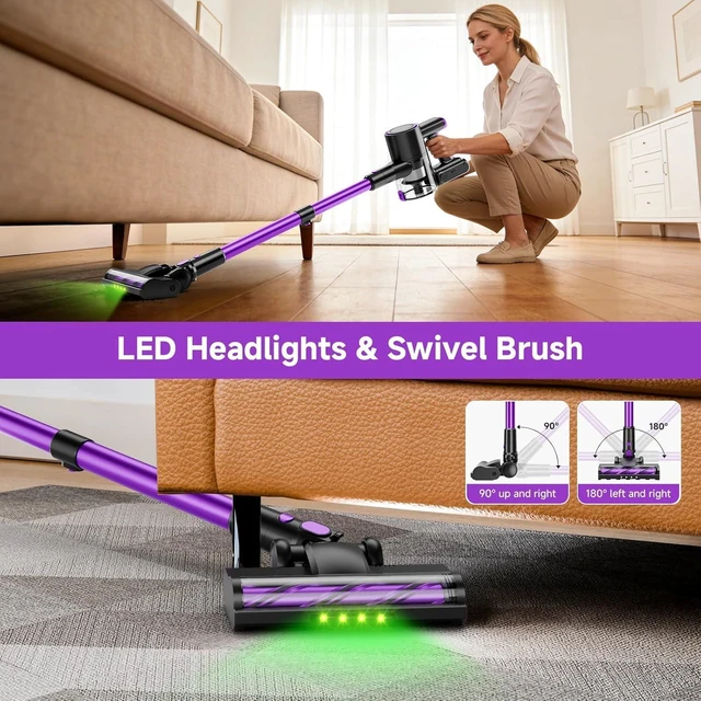 Alt view image 5 of 7 - Cordless Vacuum Cleaner, 500W/40Kpa Vacuum Cleaners for Home, Stick Vacuum Cordless with LED Display, Anti-Tangle & Wall Mount, 8 in 1 Lightweight Vacuum for Hard Floors Pet Hair(Purple)