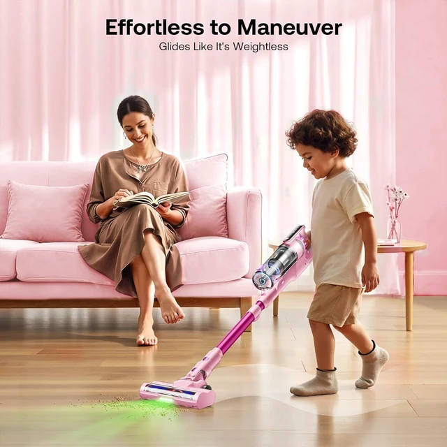 Alt view image 3 of 7 - Trucozie Cordless Vacuum Cleaner, Self-Standing Lightweight Stick Vacuum with 50 mins Runtime, Powerful Suction, Anti-Tangle Wireless Vacuum for Home, Hardwood Floor, Carpet, Pet Hair, Pink