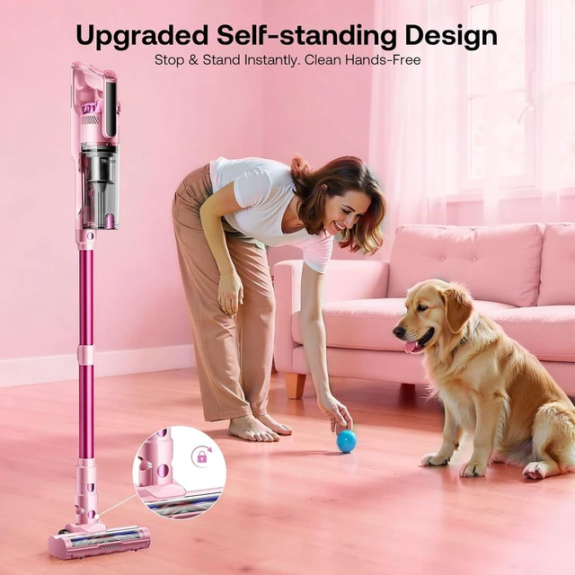 Alt view image 2 of 7 - Trucozie Cordless Vacuum Cleaner, Self-Standing Lightweight Stick Vacuum with 50 mins Runtime, Powerful Suction, Anti-Tangle Wireless Vacuum for Home, Hardwood Floor, Carpet, Pet Hair, Pink