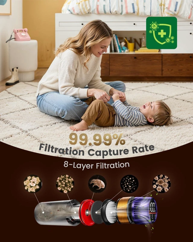 Alt view image 3 of 7 - Cordless Vacuum Cleaner, Self-Standing 620W 55KPA 75Min Runtime Stick Vacuum for Home, 1.8L Dust Cup, LED Display, Anti-Tangle, 8-Stage Filtration, for Hardwood Floor Carpet Pet Hair