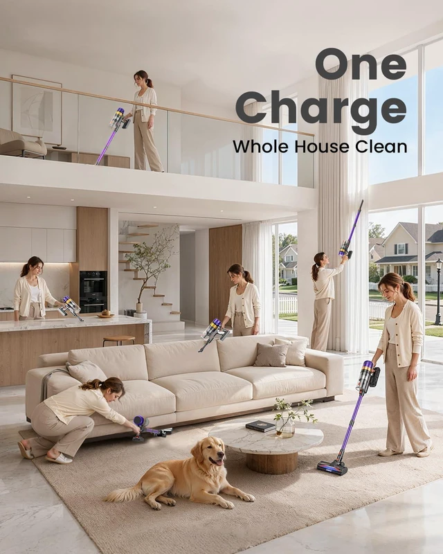Alt view image 5 of 7 - Cordless Vacuum Cleaner, Self-Standing 620W 55KPA 75Min Runtime Stick Vacuum for Home, 1.8L Dust Cup, LED Display, Anti-Tangle, 8-Stage Filtration, for Hardwood Floor Carpet Pet Hair