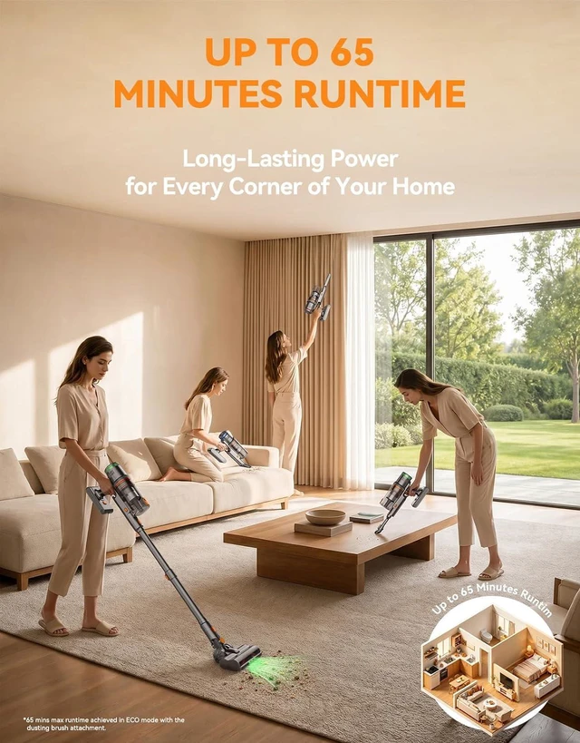 Alt view image 3 of 7 - Cordless Vacuum Cleaner, 300AW/65Min Self-Standing Vacuum Cleaner for Home