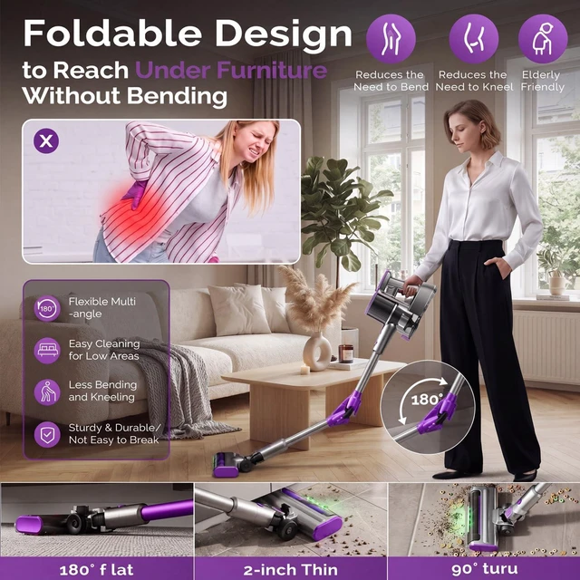Alt view image 2 of 7 - Cordless Vacuum Cleaner for Home, 55kpa Foldable, Anti-Tangle