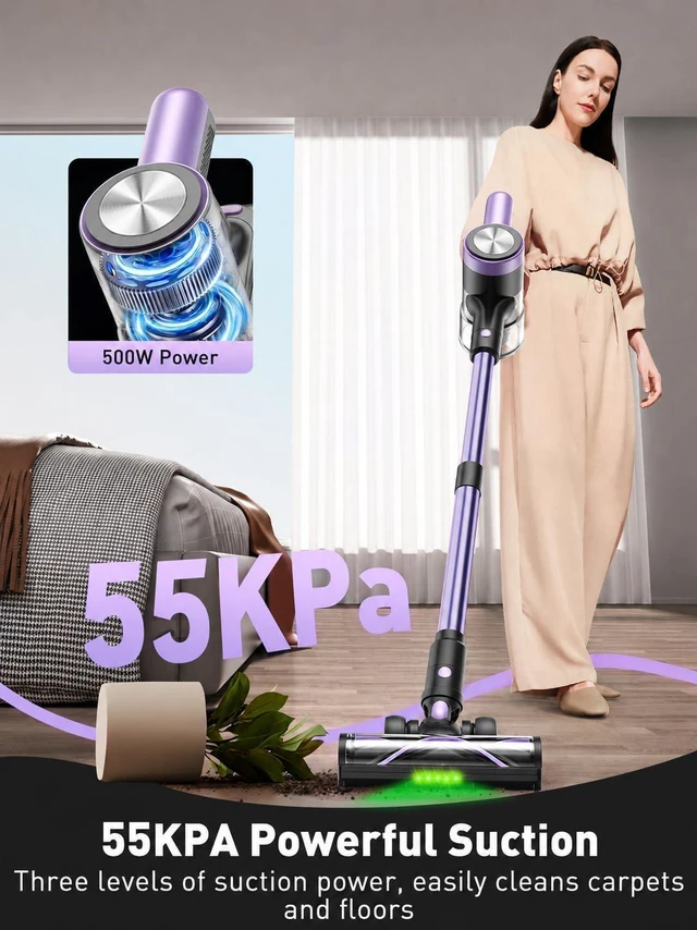 Alt view image 2 of 7 - Cordless Vacuum Cleaner, 55KPa/65Mins 8 in 1 Self-Standing Stick Vacuum (Purple)