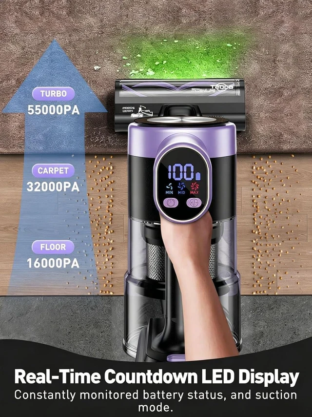Alt view image 4 of 7 - Cordless Vacuum Cleaner, 55KPa/65Mins 8 in 1 Self-Standing Stick Vacuum (Purple)