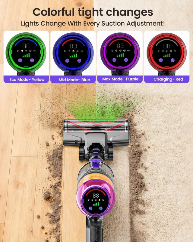 Alt view image 7 of 7 - Cordless Vacuum Cleaner, 500W 40KPa 60Mins Vacuum Cleaners for Home, Anti-Tangle Rechargeable Vacuum with Green Light Wireless Vacumm for Pet Hair/Carpet/Hardwood Floor Purple