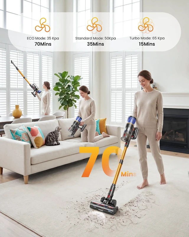 Alt view image 3 of 7 - Cordless Vacuum Cleaner for Home, 65KPA 650W 70Mins Stick Vacuum Cordless with Three Suction Modes, Self-Standing&LED Screen, Anti-Tangle Brush, Vacuum Cleaners for Pet Hair/Hardwood Floors/Carpet
