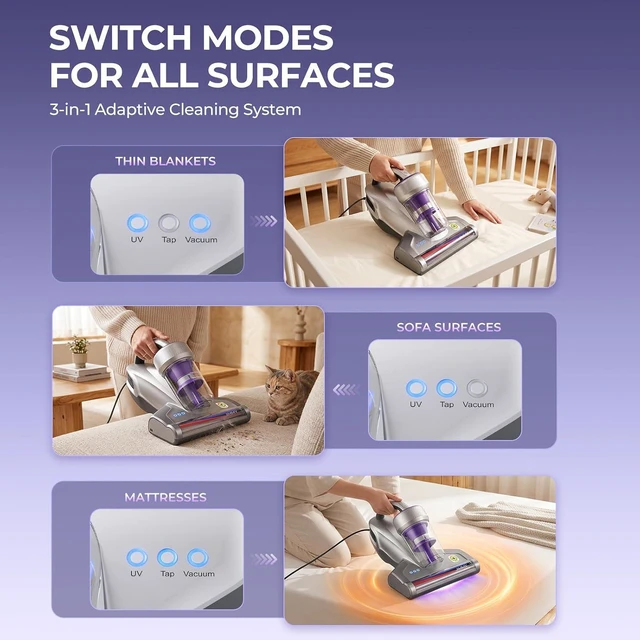 Alt view image 6 of 7 - Jimmy Mattress Vacuum Cleaner, Anti-allergen Bed Vacuum Cleaner with UV-C Light & High Heating Tech, 14Kpa Suction 480W Powerful Handheld Vacuums for Dust & Pet Hair(JV35, Corded)