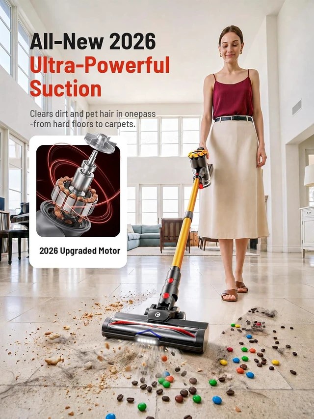 Alt view image 2 of 7 - CHEBIO Cordless Vacuum Cleaner, 550W/45Kpa Vacuum Cleaners for Home, Self-Standing&Anti-Tangle, 65Mins Stick Vacuum with LED Display, 8 in 1 Lightweight Vacuums for Hard Floor/Carpet/Pet Hair