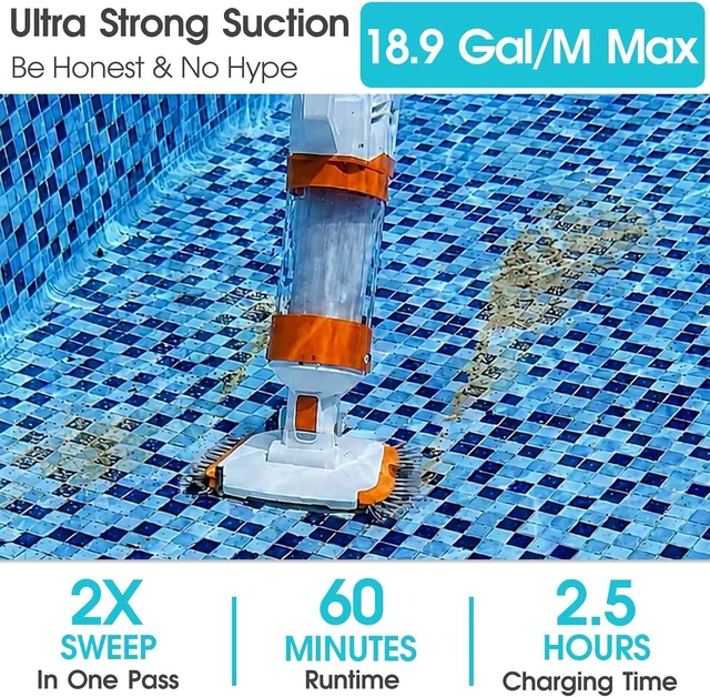 Alt view image 2 of 7 - Cordless Pool Vacuum-True Powerful Suction 18.9GPM, 96inch, 1H Runtime, 25µm Fluff Ultra Fine Filter,Handheld Rechargeable Hot Tub Cleaner with Poles for Above Ground&Inground Pool