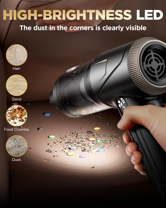 Alt view image 3 of 7 - Handheld Vacuum Cleaner 26000Pa Suction with Brushless Motor, 4-in-1 Portable Mini Car Vacuum with 3 Suction Modes, Cordless Vacuum with LED Light, Type-C Charge for Car, Office Desk, Keyboards