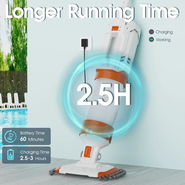 Alt view image 7 of 7 - Cordless Pool Vacuum-True Powerful Suction 18.9GPM, 96inch, 1H Runtime, 25µm Fluff Ultra Fine Filter,Handheld Rechargeable Hot Tub Cleaner with Poles for Above Ground&Inground Pool