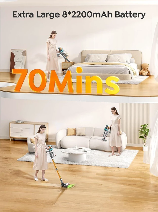 Alt view image 3 of 7 - Cordless Vacuum Cleaner, 650W 55KPA 70Mins Vacuum Cleaners for Home, Upgraded Stick Vacuum with 3.3Ft Extendable Hose, LED Touch Screen, Wall Charging Station, Auto Mode for Carpet Pet Hair Hard Floor