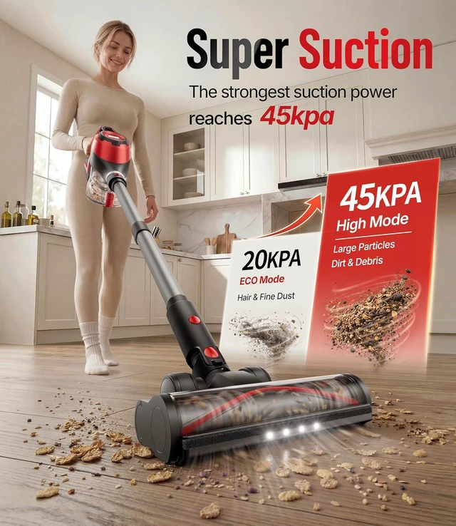 Alt view image 2 of 7 - Cordless Vacuum Cleaner for Home, Stick Vacuum 45Kpa, Smart Display & 1.5L Dust Cup, MAX 40mins Runtime, Rechargeable Lightweight Handheld Vavuum for Pet Hair/Carpet/Hardwood Floor/Car (Crimson)