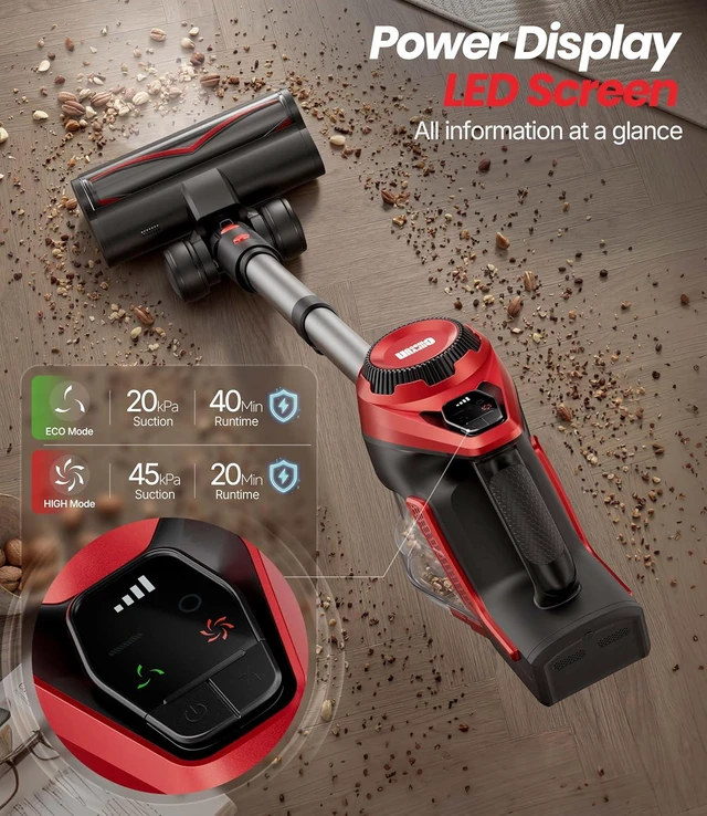 Alt view image 3 of 7 - Cordless Vacuum Cleaner for Home, Stick Vacuum 45Kpa, Smart Display & 1.5L Dust Cup, MAX 40mins Runtime, Rechargeable Lightweight Handheld Vavuum for Pet Hair/Carpet/Hardwood Floor/Car (Crimson)