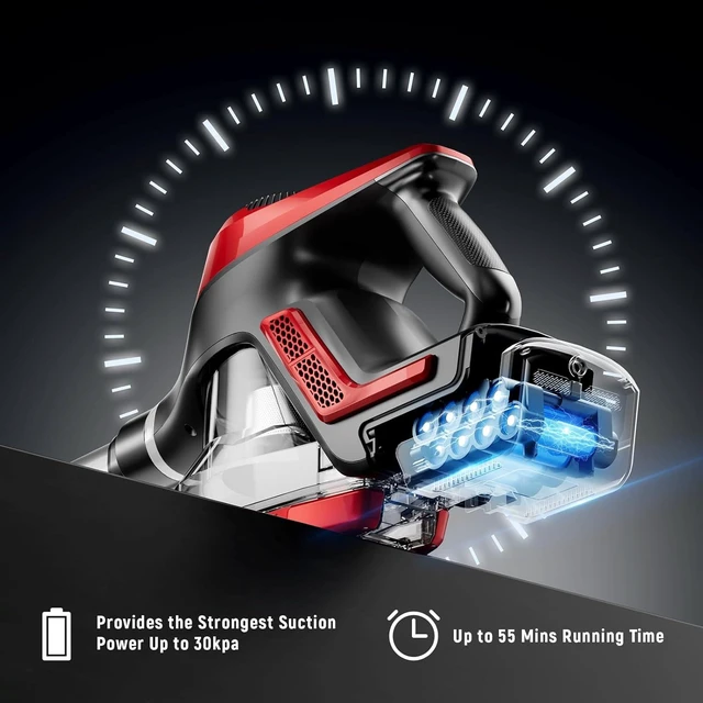 Alt view image 5 of 7 - Cordless Vacuum Cleaner for Home, Stick Vacuum 45Kpa, Smart Display & 1.5L Dust Cup, MAX 40mins Runtime, Rechargeable Lightweight Handheld Vavuum for Pet Hair/Carpet/Hardwood Floor/Car (Crimson)