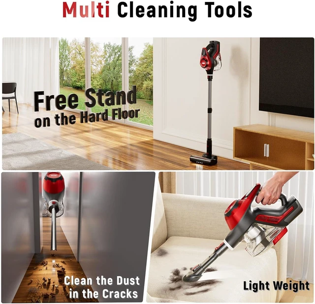 Alt view image 4 of 7 - Cordless Vacuum Cleaner for Home, Stick Vacuum 45Kpa, Smart Display & 1.5L Dust Cup, MAX 40mins Runtime, Rechargeable Lightweight Handheld Vavuum for Pet Hair/Carpet/Hardwood Floor/Car (Crimson)