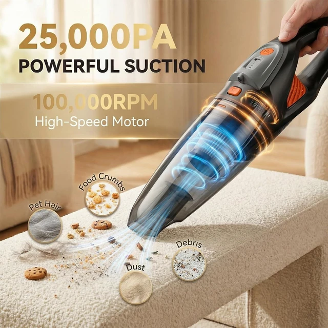 Alt view image 2 of 7 - Handheld Vacuum Cordless, 25000Pa Powerful Suction Car Vacuum Portable Cordless with 8000mAh Battery & LED Light, Hand Held Vacuum Rechargeable with HEPA Filters, Home, Car Seats, Pet Hair Orange