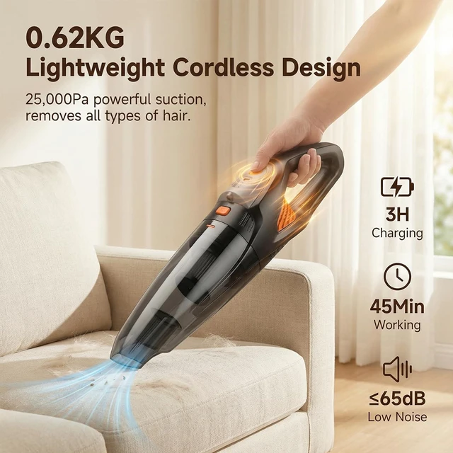 Alt view image 3 of 7 - Handheld Vacuum Cordless, 25000Pa Powerful Suction Car Vacuum Portable Cordless with 8000mAh Battery & LED Light, Hand Held Vacuum Rechargeable with HEPA Filters, Home, Car Seats, Pet Hair Orange
