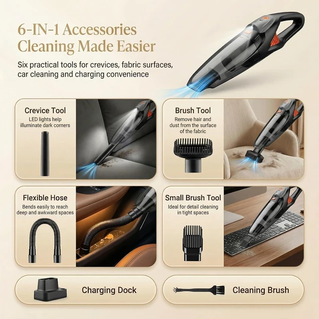 Alt view image 4 of 7 - Handheld Vacuum Cordless, 25000Pa Powerful Suction Car Vacuum Portable Cordless with 8000mAh Battery & LED Light, Hand Held Vacuum Rechargeable with HEPA Filters, Home, Car Seats, Pet Hair Orange